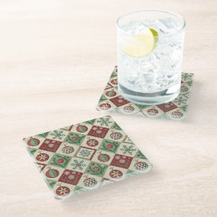 Posavasos De Vidrio Patrón Navideño Cuajado de Parche Vintage