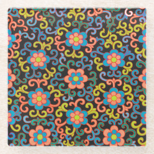 Posavasos De Vidrio Patrón negro chic con flores coloridas