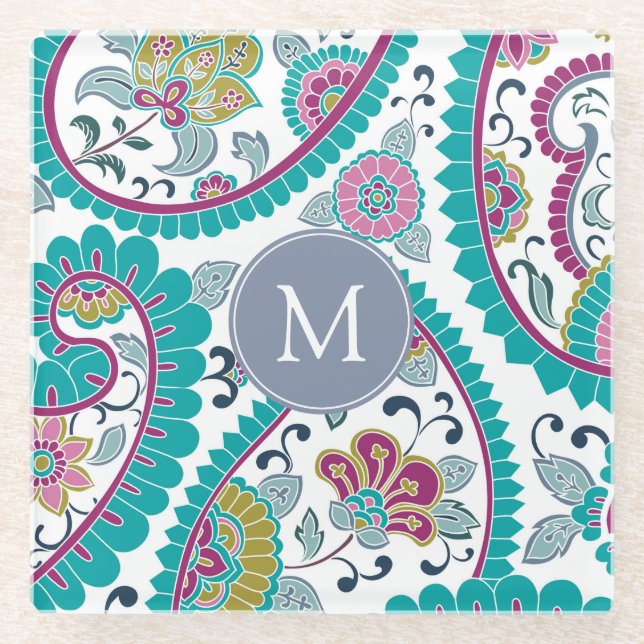 Posavasos De Vidrio Patrón Persa Boteh Paisley Monograma C (Anverso)