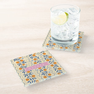 Posavasos De Vidrio Patrón personalizado de estilo folk cítrico retro