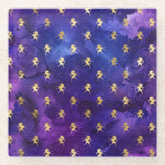 Posavasos De Vidrio Patrón púrpura acuarela con unicornio dorado (Anverso)