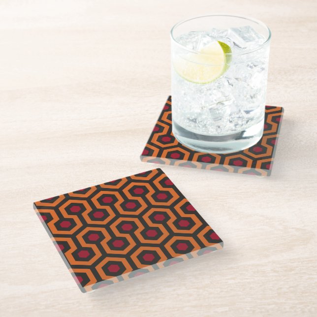 Posavasos De Vidrio Patrón retro moderno Naranja rojo marrón hexagonal (Angular)