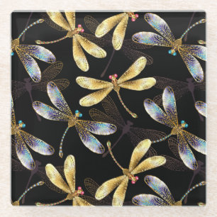 Posavasos De Vidrio Patrón sin foco con Dragonflies dorados