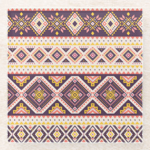 Posavasos De Vidrio Patrón tribal azteca rayado, geométrico.