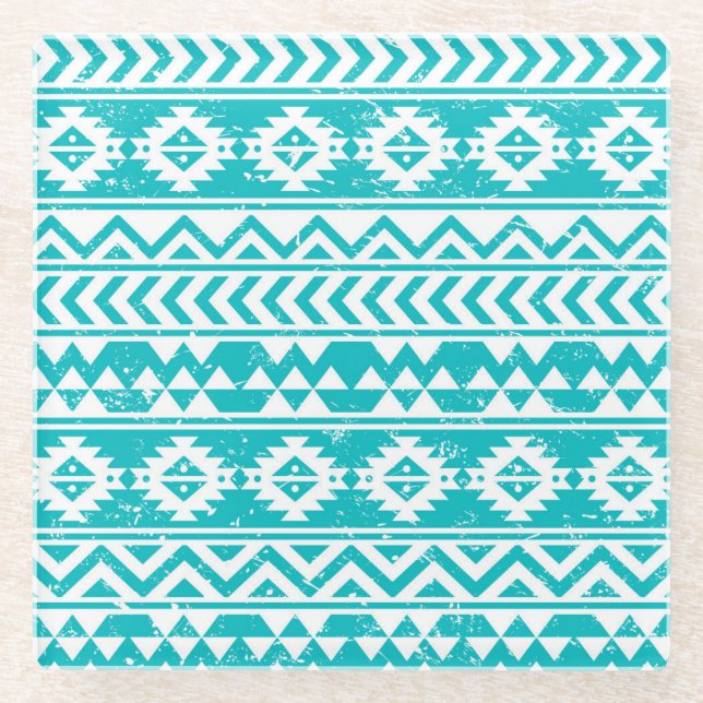 Posavasos De Vidrio Patrón tribal azteca Verde azulado (Anverso)