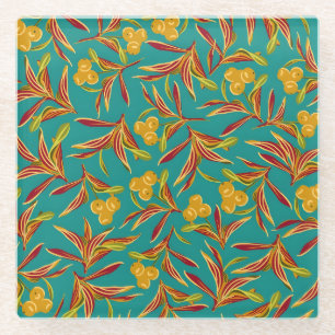 Posavasos De Vidrio Patrón tropical con hojas rojas y amarillas