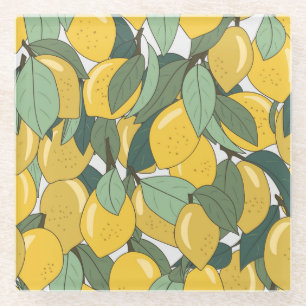 Posavasos De Vidrio Patrón tropical con lémones amarillos.