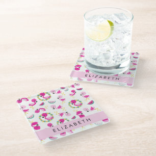 Posavasos De Vidrio Patrón tropical, flamencos, flores, tu nombre