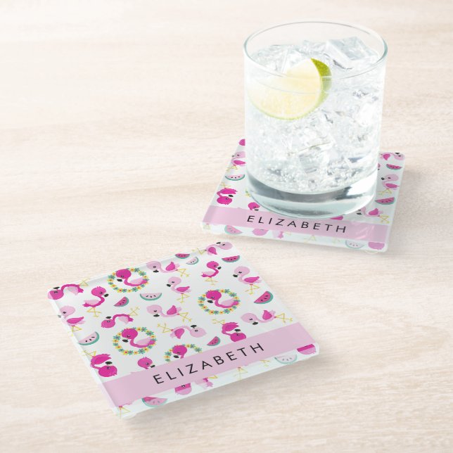 Posavasos De Vidrio Patrón tropical, flamencos, flores, tu nombre (Angular)