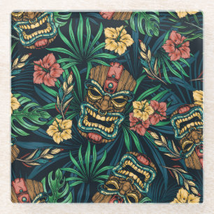 Posavasos De Vidrio Patrón tropical hawaiano de la máscara tiki