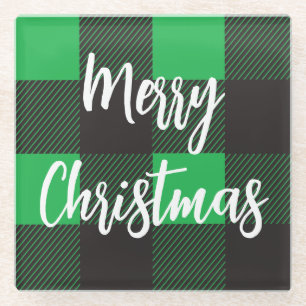 Posavasos De Vidrio Patrón verde plastificado Feliz Navidad