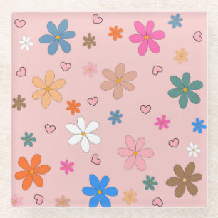 Posavasos De Vidrio Patrón Y2K de corazón de flor color rosa preppy