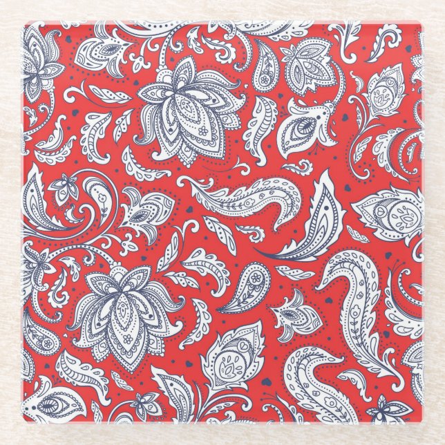 Posavasos De Vidrio Patrones rojos de flores de época (Anverso)