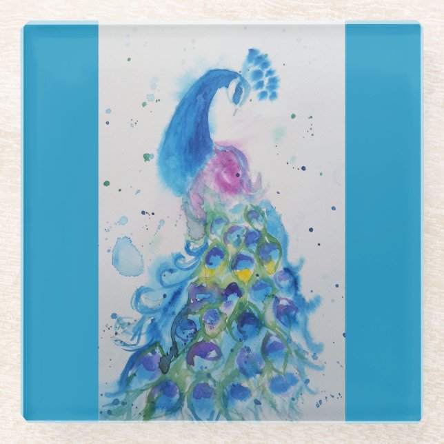 Posavasos De Vidrio Pavo Real Azul Acuarela Azul Verde Pájaros (Anverso)