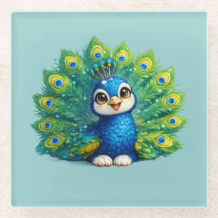 Posavasos De Vidrio Pavo real lindo con diseño de pájaro Kawaii de ojo