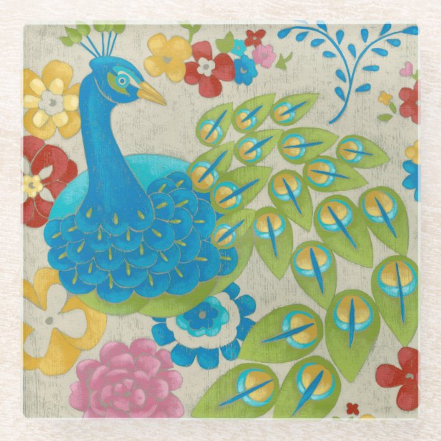 Posavasos De Vidrio Pavo Real y Flores Coloridas (Anverso)
