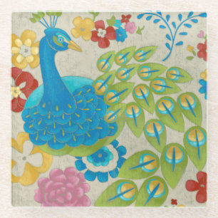 Posavasos De Vidrio Pavo real y flores coloridos