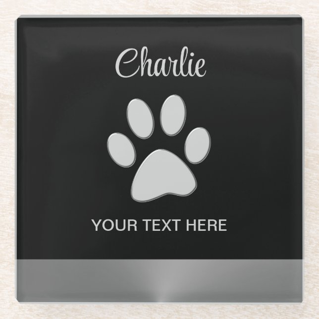 Posavasos De Vidrio Paw de perro plateado sobre fondo negro (Anverso)