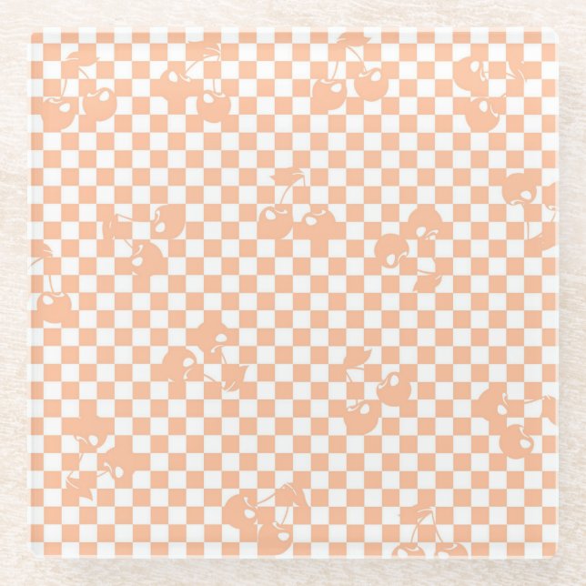 Posavasos De Vidrio Peach Fuzz Cherry Gingham Pattern (Anverso)