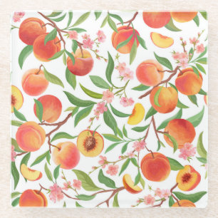 Posavasos De Vidrio Peach Tropical Fruit Vintage Pattern.