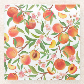 Posavasos De Vidrio Peach Tropical Fruit Vintage Pattern.