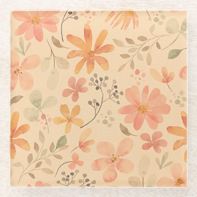 Posavasos De Vidrio Peachy - patrón floral dorado rosa (Anverso)