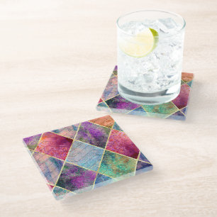 Posavasos De Vidrio Pearl Harlequin Herringbone Trippy Hippie Rainbow