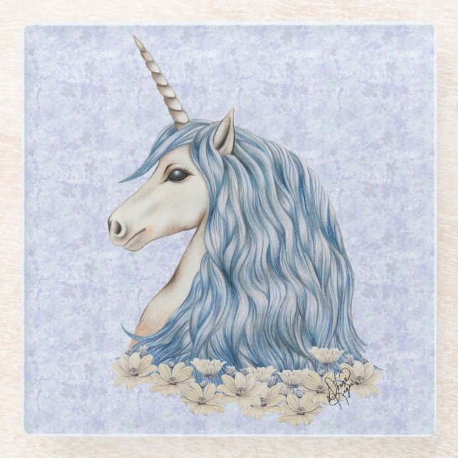 Posavasos De Vidrio Pelo del azul del unicornio (Anverso)