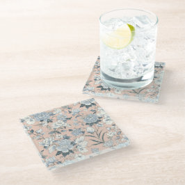 Posavasos De Vidrio Peonías Azules Floral Vintage Botánico Melocotón