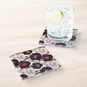 Posavasos De Vidrio peonías borgoña flores con brillo dorado