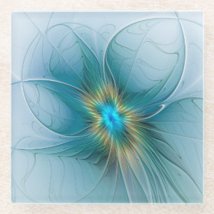 Posavasos De Vidrio Pequeña belleza arte fractal moderno azul oro Flor