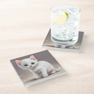 Posavasos De Vidrio Pequeño gatito blanco adorable