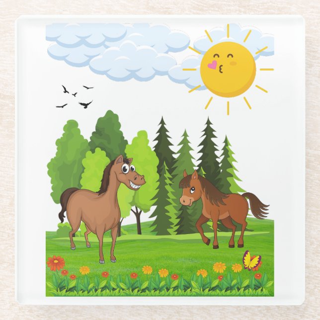 Posavasos De Vidrio Pequeños caballos de diseño para niños (Anverso)
