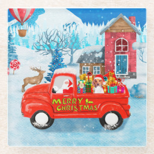 Posavasos De Vidrio Perro Beagle en la nieve de un camión de Navidades