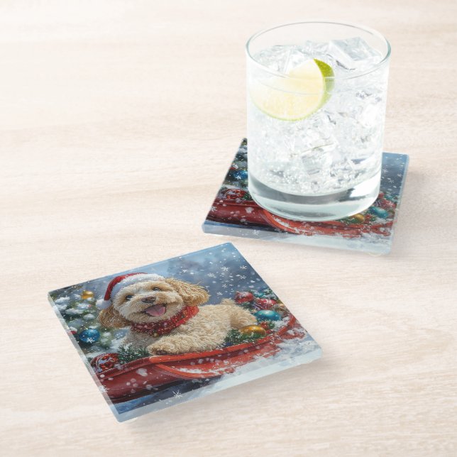 Posavasos De Vidrio Perro Cockapoo en Trineo Deja que Nieve Navidad (Angular)