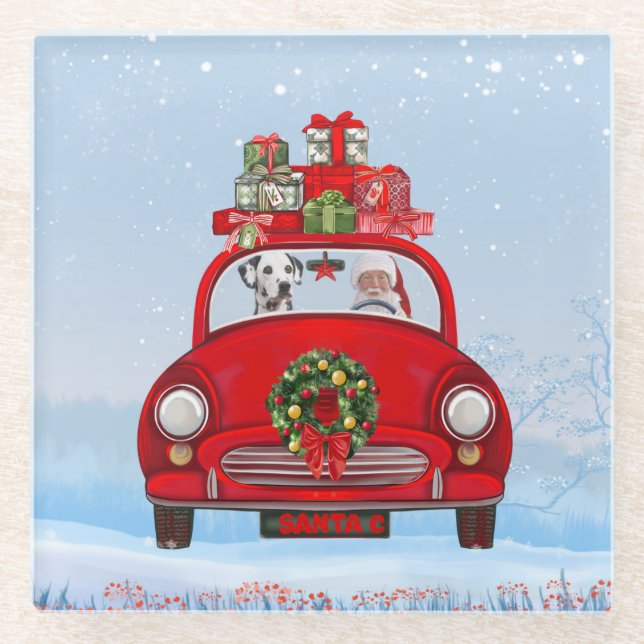 Posavasos De Vidrio Perro Dalmatiano En Coche Con Santa Claus (Anverso)