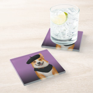 Posavasos De Vidrio Perro de Corgi de Moda Cuidada con Beret y Bandana