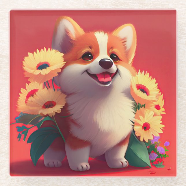 Posavasos De Vidrio Perro de Corgi sonriente con flores (Anverso)