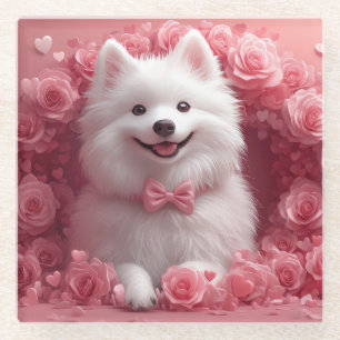 Posavasos De Vidrio Perro Esquimal Americano con Rosas - Día de San Va