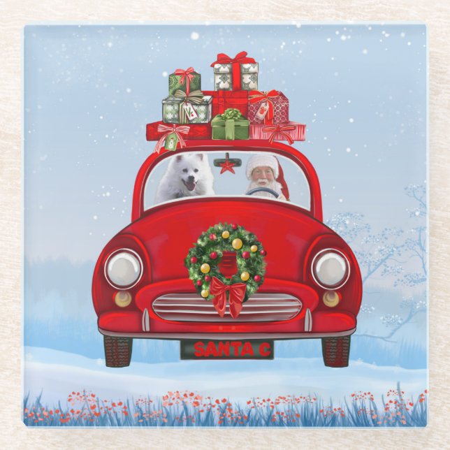 Posavasos De Vidrio Perro esquimal americano en auto con Santa Claus (Anverso)