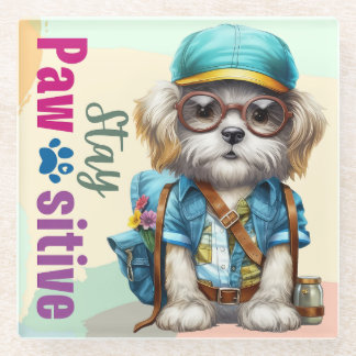 Posavasos De Vidrio Perro Lindo con Mochila Mantén la Actitud Positiva