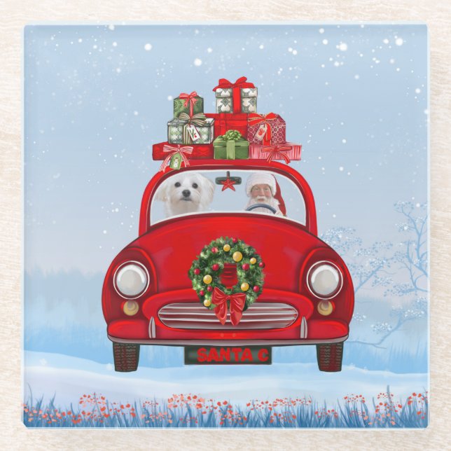 Posavasos De Vidrio Perro maltés en auto con Santa Claus (Anverso)