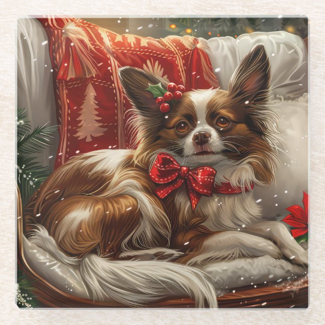 Posavasos De Vidrio Perro Papillon Navidad Festiva (Anverso)