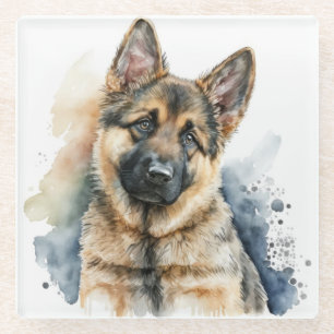 POSAVASOS DE VIDRIO PERRO PASTOR ALEMÁN HERMOSA ACUARELA