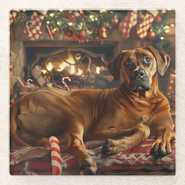 Posavasos De Vidrio Perro Ridgeback Rodesiano Fiesta Navideña (Anverso)