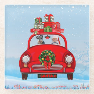 Posavasos De Vidrio perro schnauzer en auto con Santa Claus