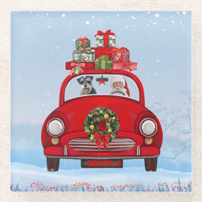 Posavasos De Vidrio perro schnauzer en auto con Santa Claus (Anverso)