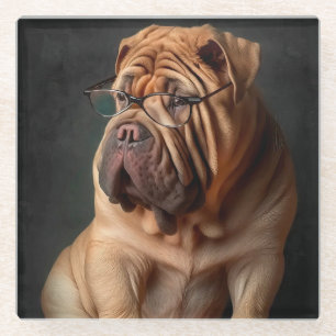 Posavasos De Vidrio Perro Shar Pei Inteligente con Diseño de Libro