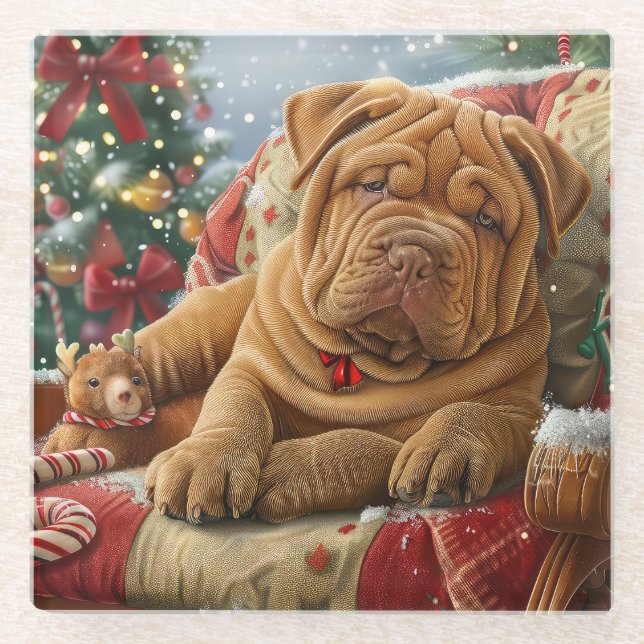 Posavasos De Vidrio Perro Shar Pei Navidad Festiva (Anverso)