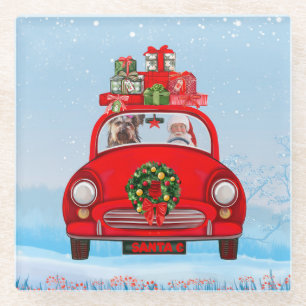 Posavasos De Vidrio Perro Terrier De Yorkshire En Coche Con Santa Clau